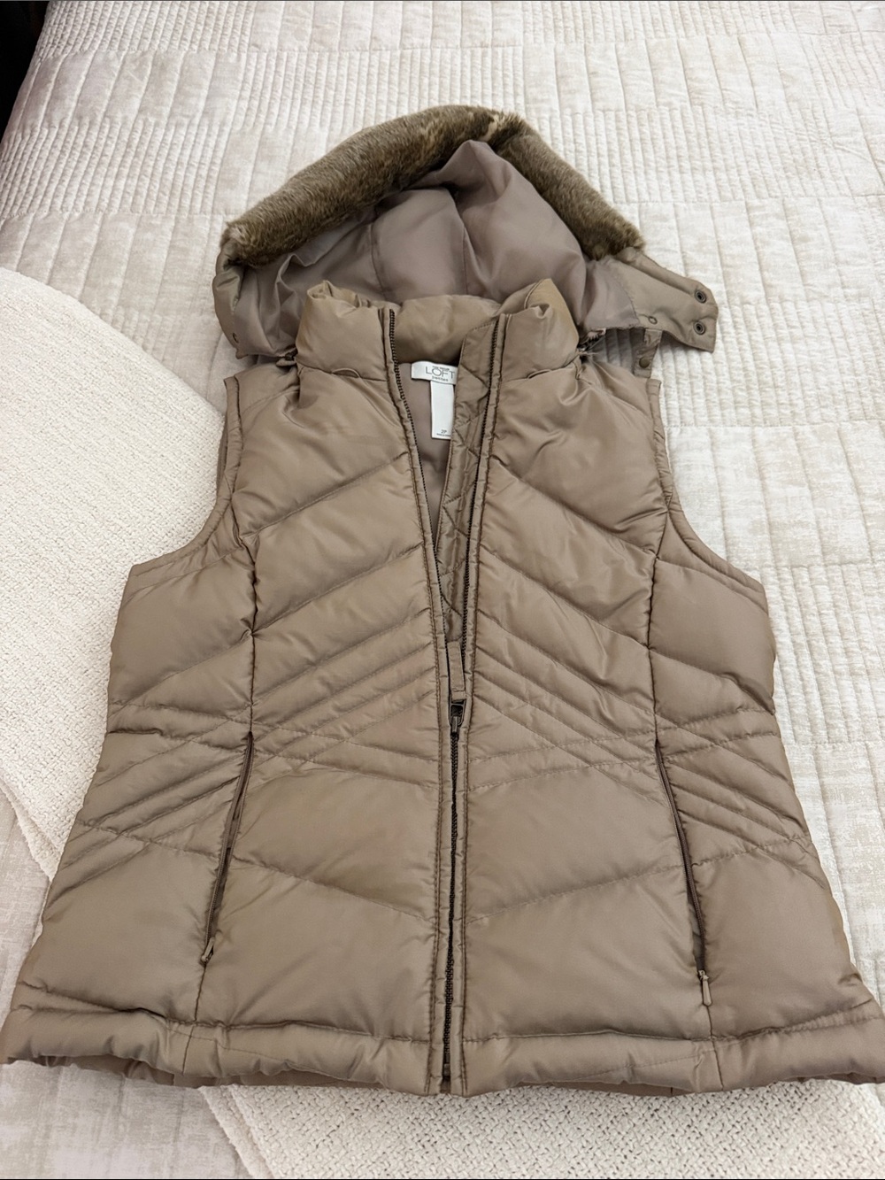 LOFT Taupe Quilted Hooded Vest with Faux Fur Trim